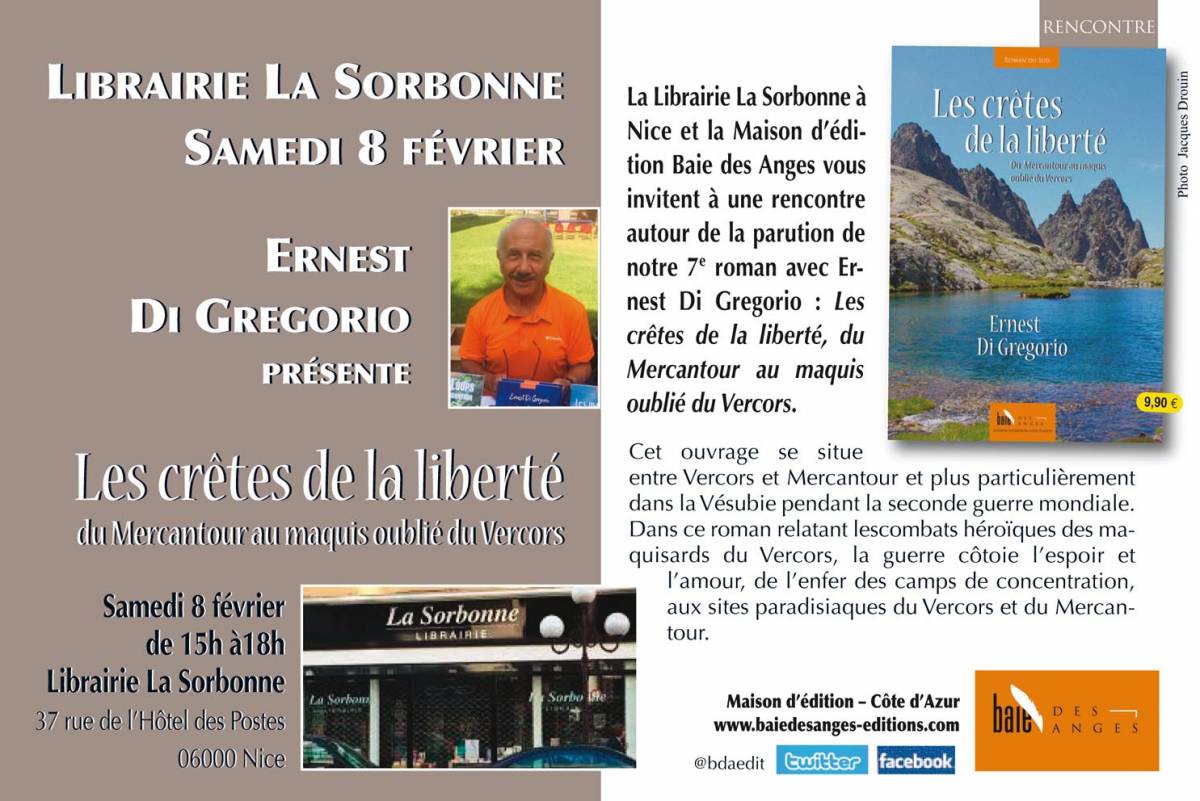 Livre-rencontre le 8 Fév : «Les crêtes de la liberté» d'Ernest Di Gregorio.